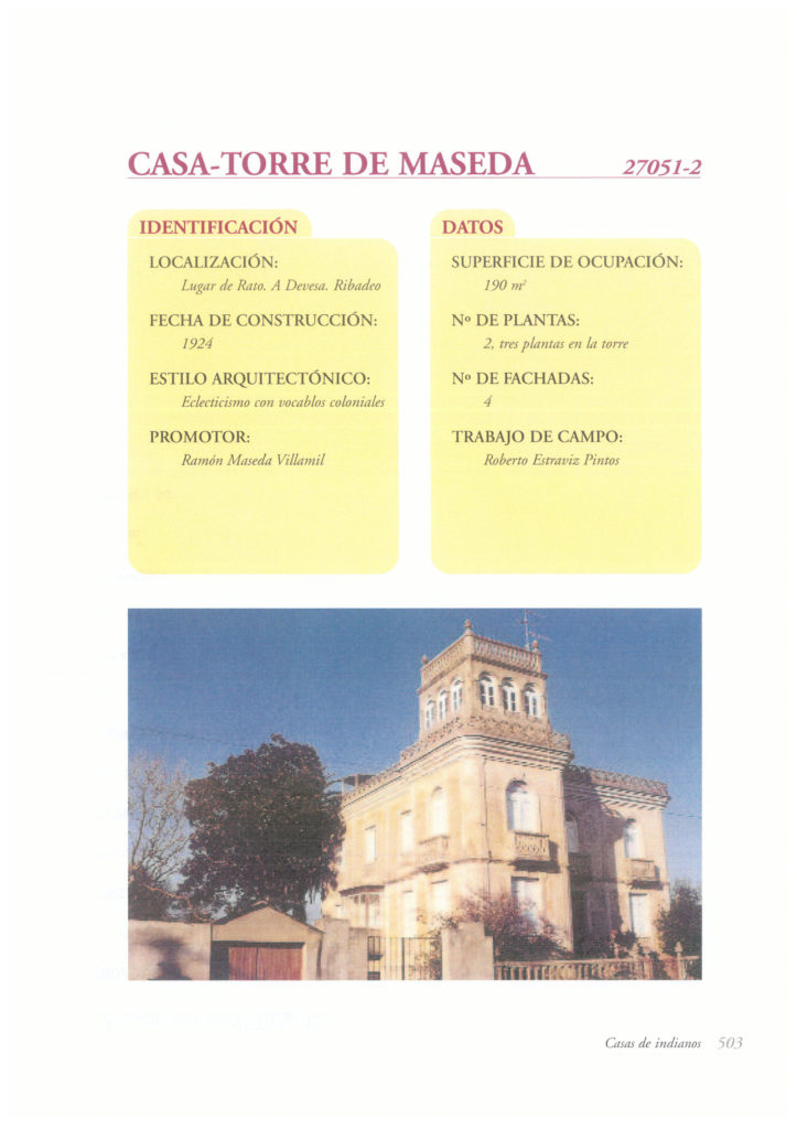 CASAS INDIANAS DE RIBADEO (II).- «Casa de Maseda» (A Devesa) – «Casa Antigua Ayudantia» – «Casa del Óptico» – «Casa Villamil».-
